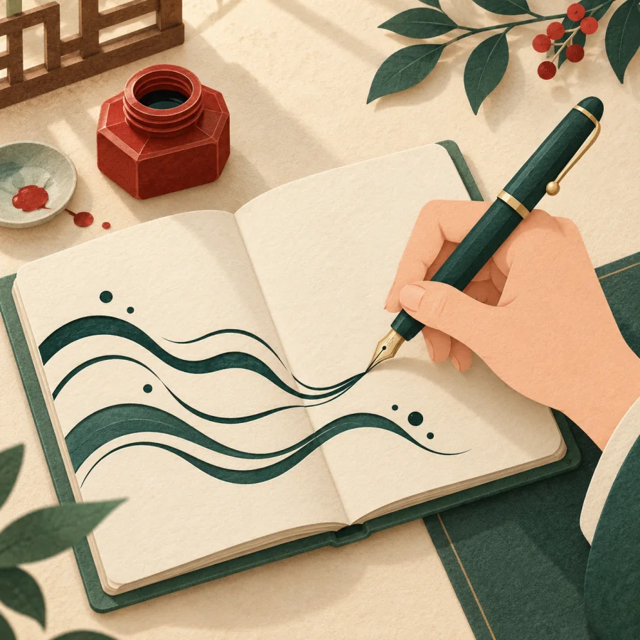 A hand with a pen writes flowing strokes in an open notebook