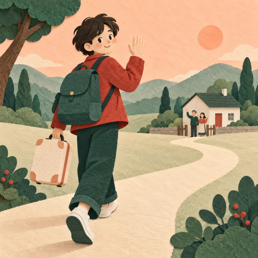 A young person walks away with a suitcase, two figures standing by a distant house