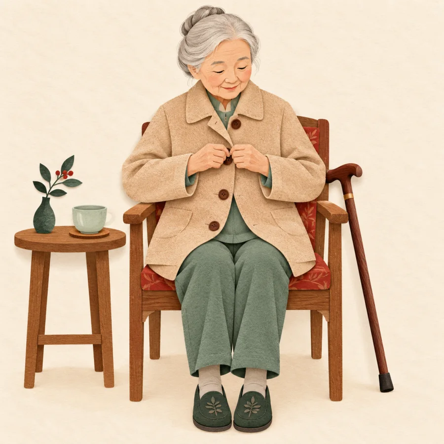 An elderly woman buttons her own coat beside a walking stick and a small table