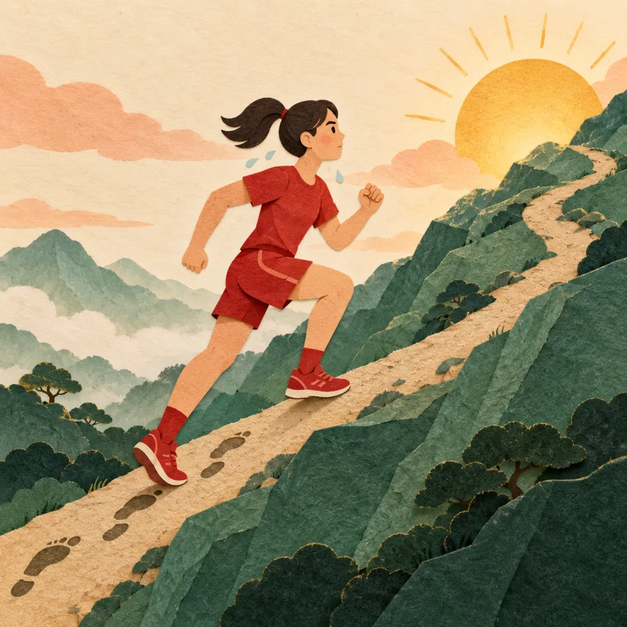 A tired runner keeps climbing up a steep hill