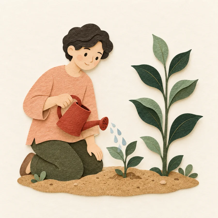 A person waters a seedling that has grown tall on its own