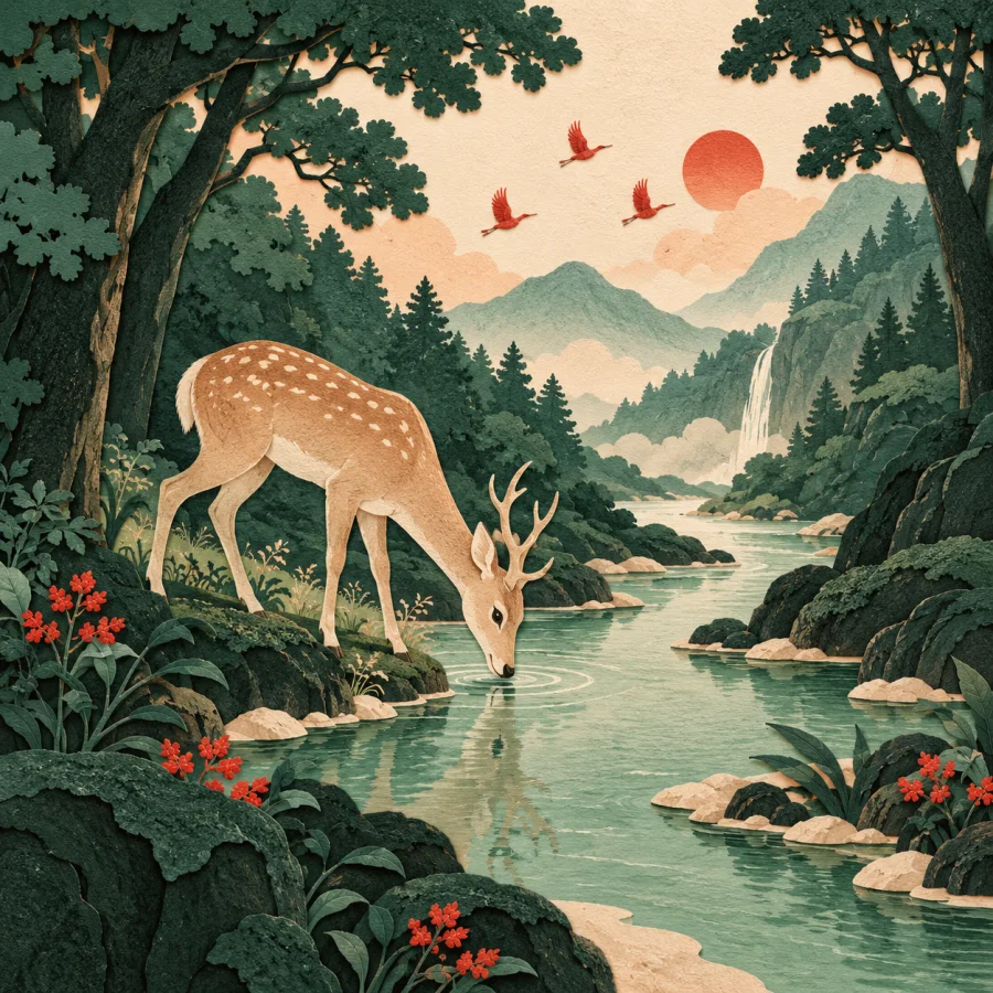 A lush forest with a river, birds and a deer
