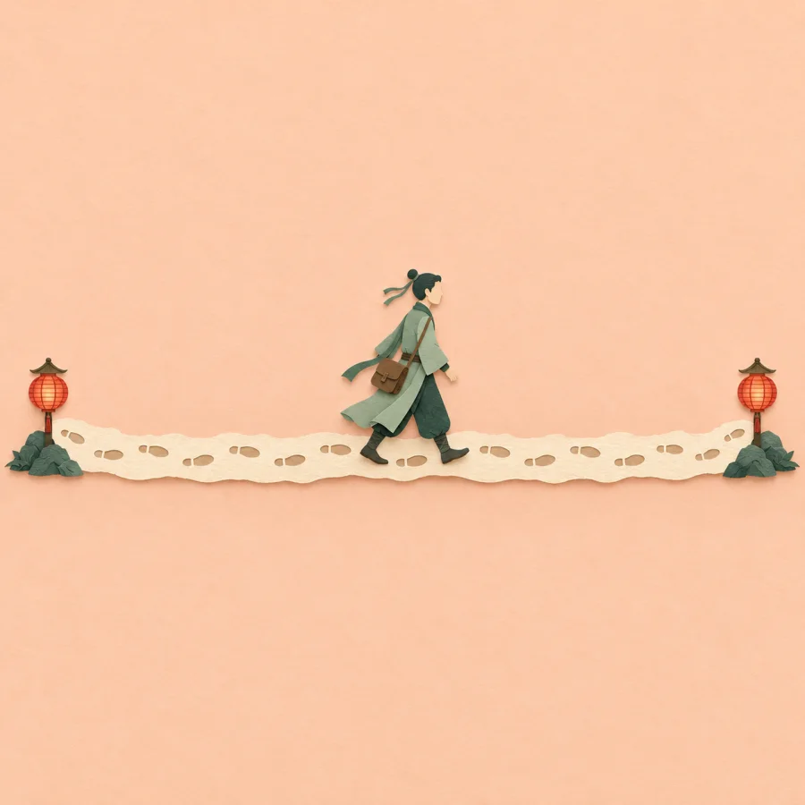 A person walks a long path from start to finish
