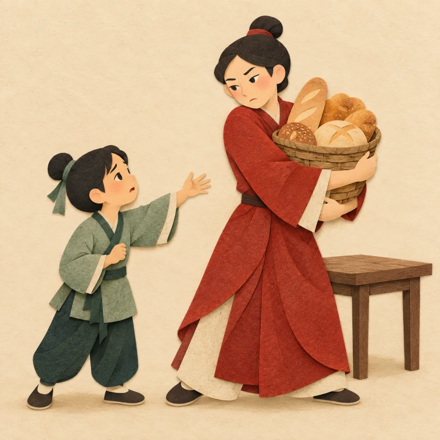 A person keeps a whole basket of bread to themselves