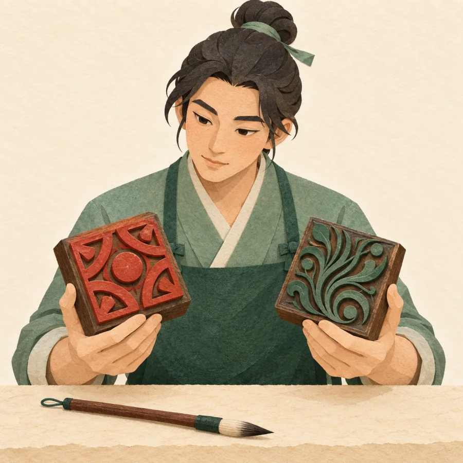 A craftsman compares two carved printing blocks on a desk
