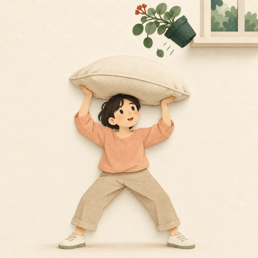 A person shields themselves with a cushion from a falling flowerpot