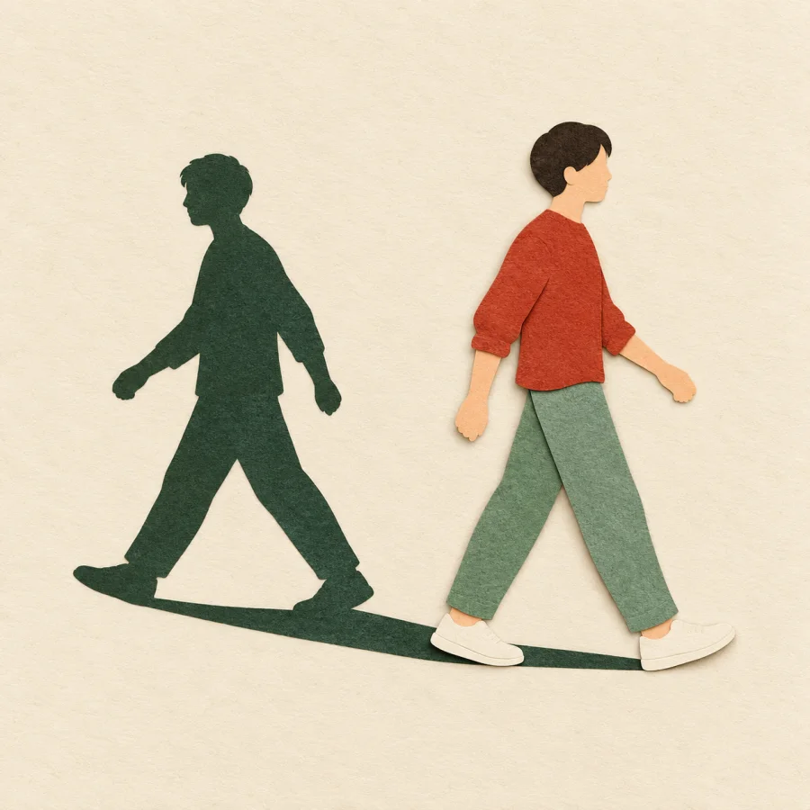 A figure walks forward while its own shadow steps backward