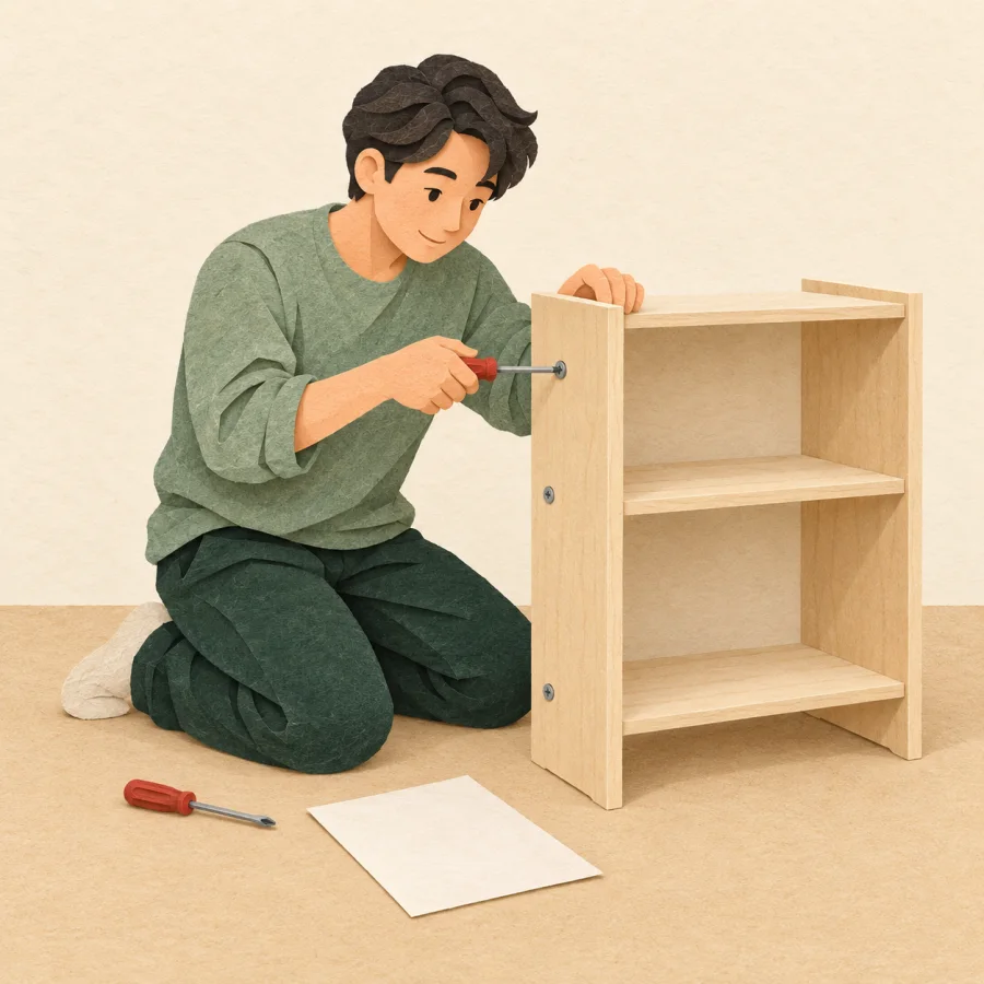 A person assembles a bookshelf alone following an instruction sheet