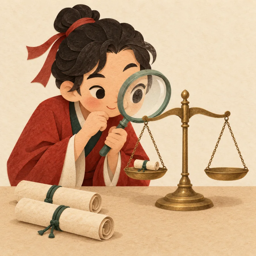 A person examines a scroll through a magnifying glass