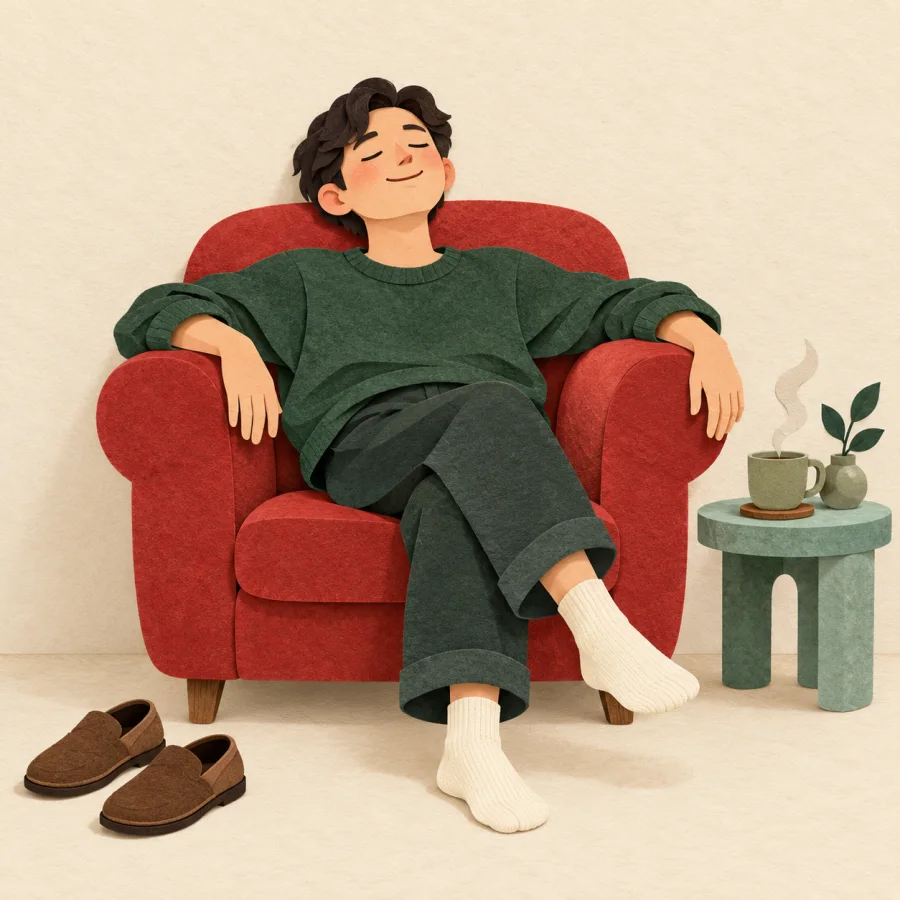 A relaxed person sits in a soft red armchair with shoes off