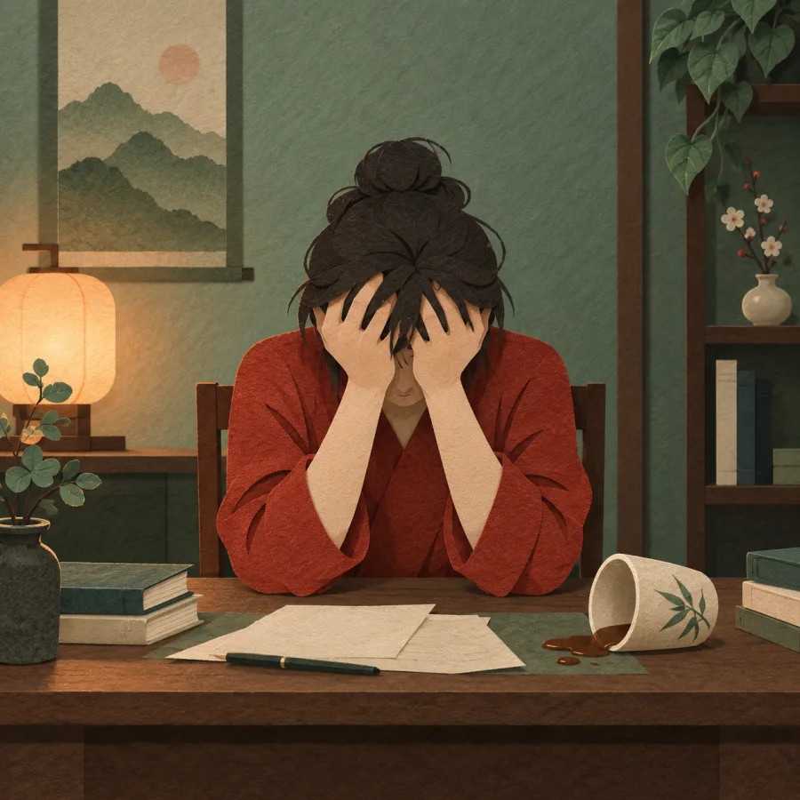 A person sits at a desk, head in hands, an overturned cup nearby