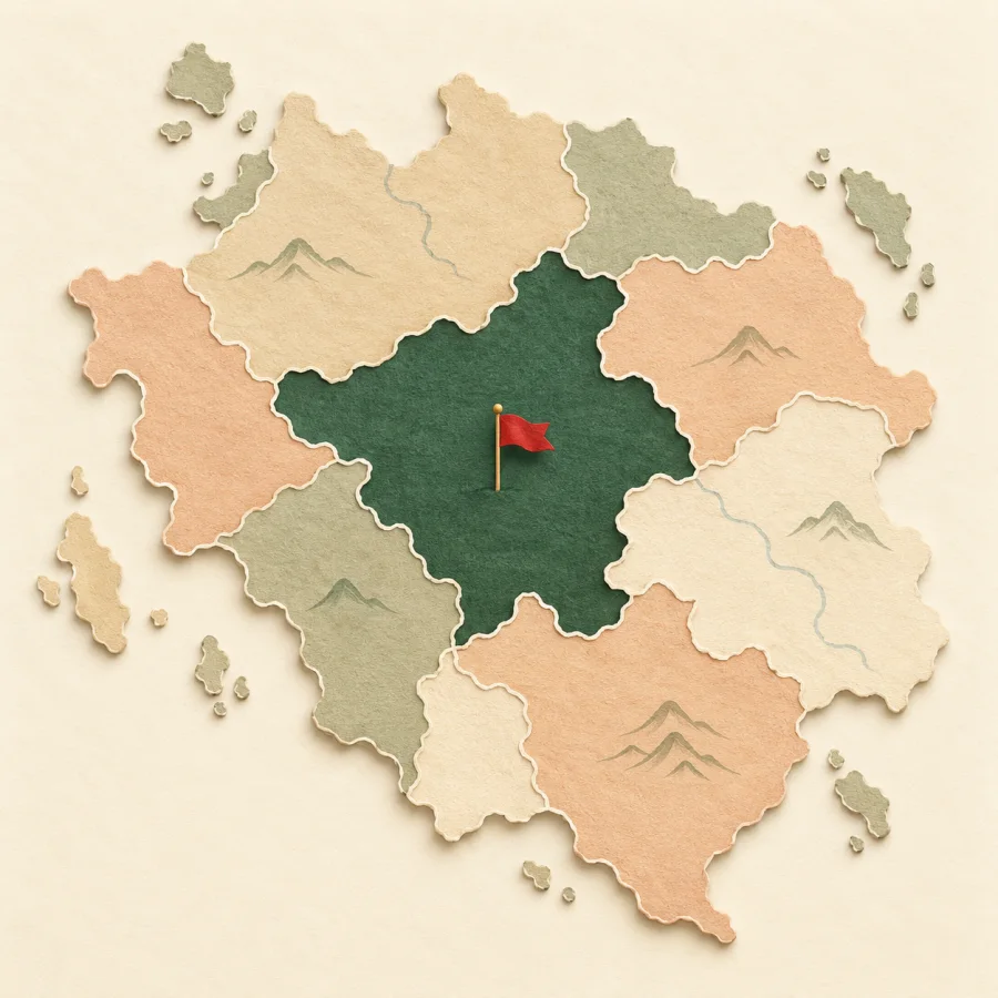 A map with one region shaded green and marked with a small flag