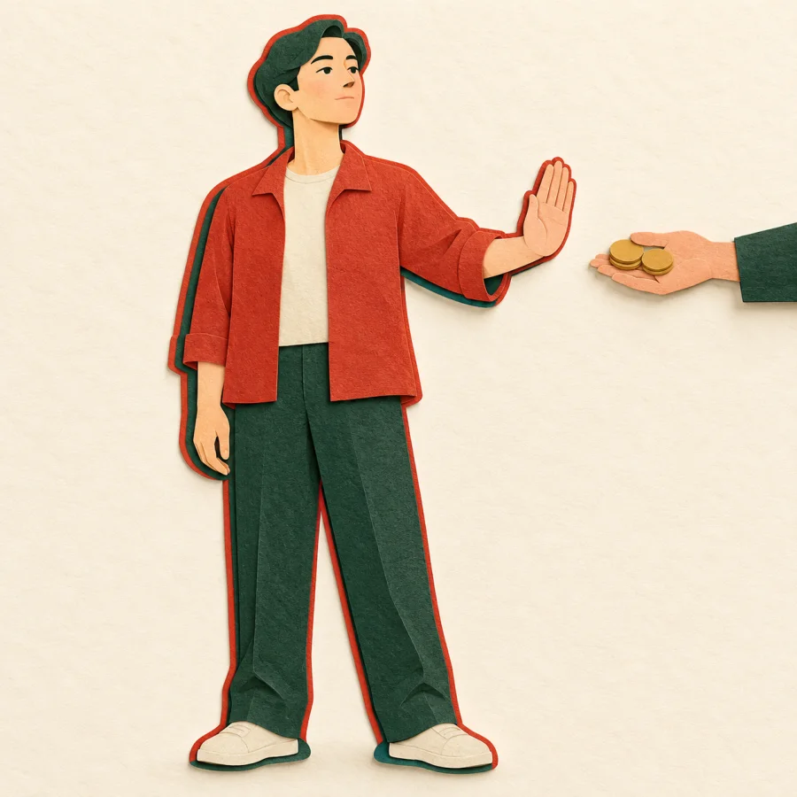 A person stands tall, politely declining coins from an outstretched hand