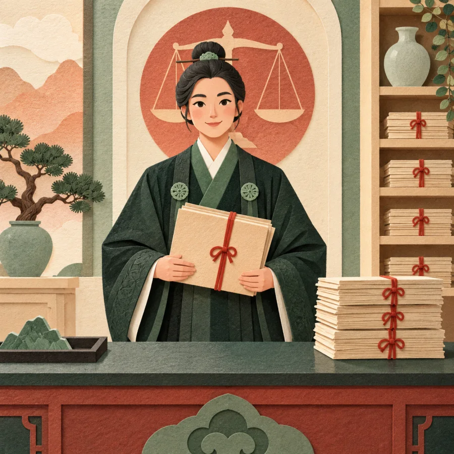 A judge at a tall desk holds a thick case folder beside a stack