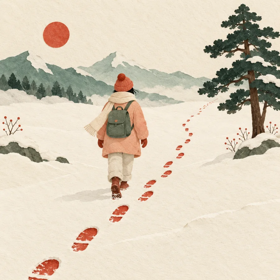 A hiker follows cinnabar-red footprints across parchment-cream snow in a green forest