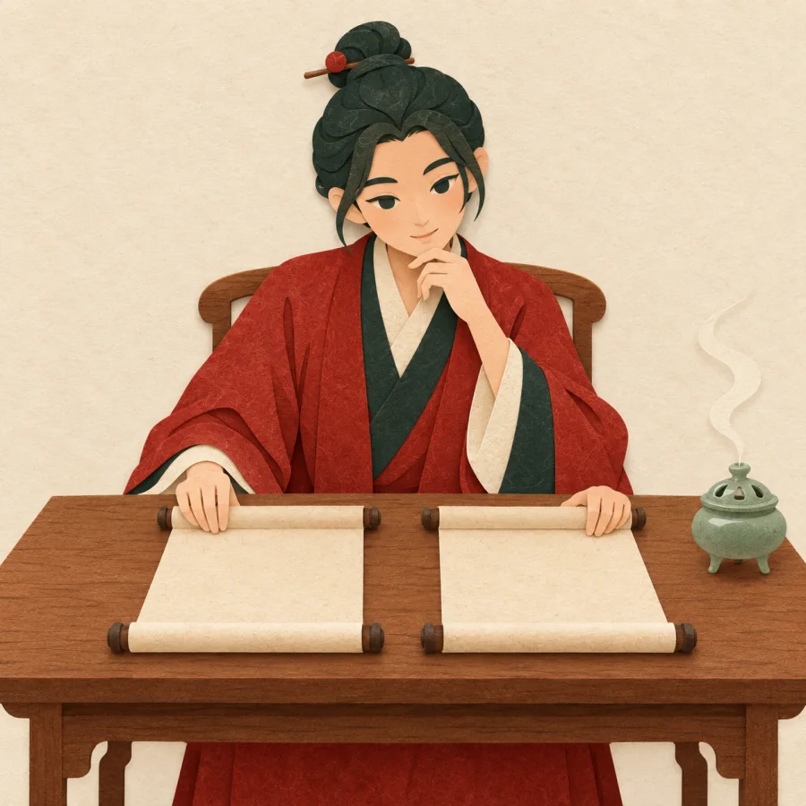 A scholar studies two ancient scrolls beside a small jade incense burner