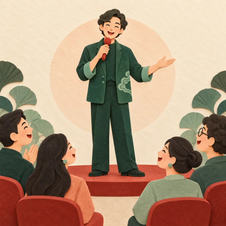 A host speaking into a microphone on a small red stage with a laughing audience