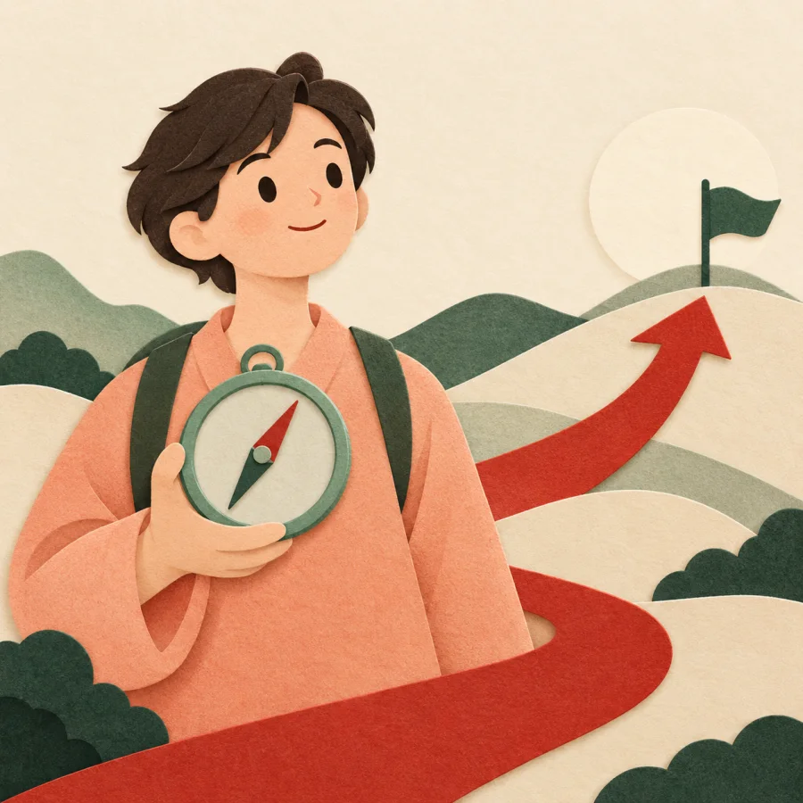 A traveller holds a jade compass while a red arrow points to a small flag on cream hills