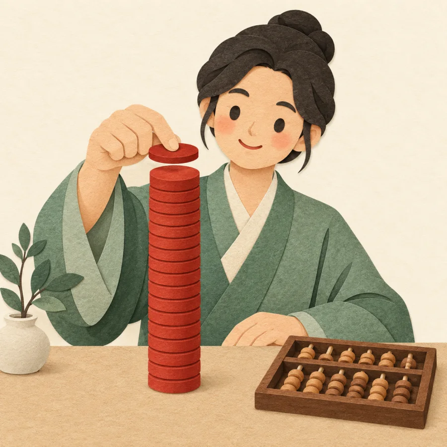 A person placing a red coin atop a tall coin column beside a sand-colored abacus