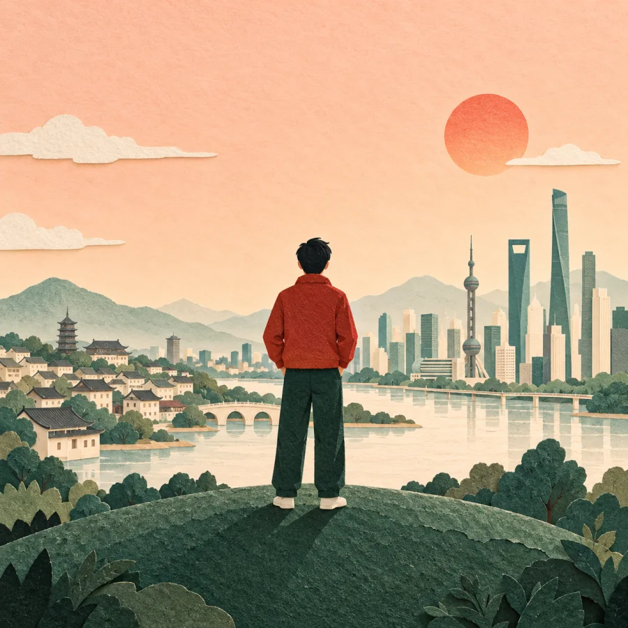 A person on a hilltop gazes over a wide city panorama