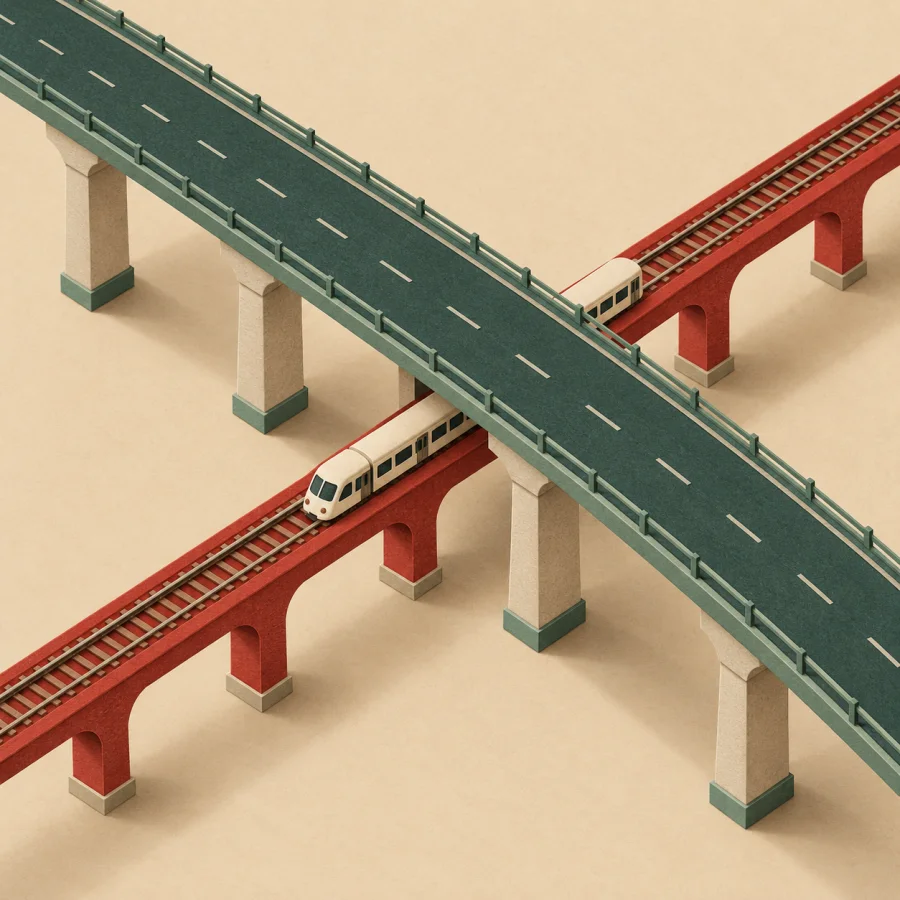 Two roads and a train crossing at a busy overpass