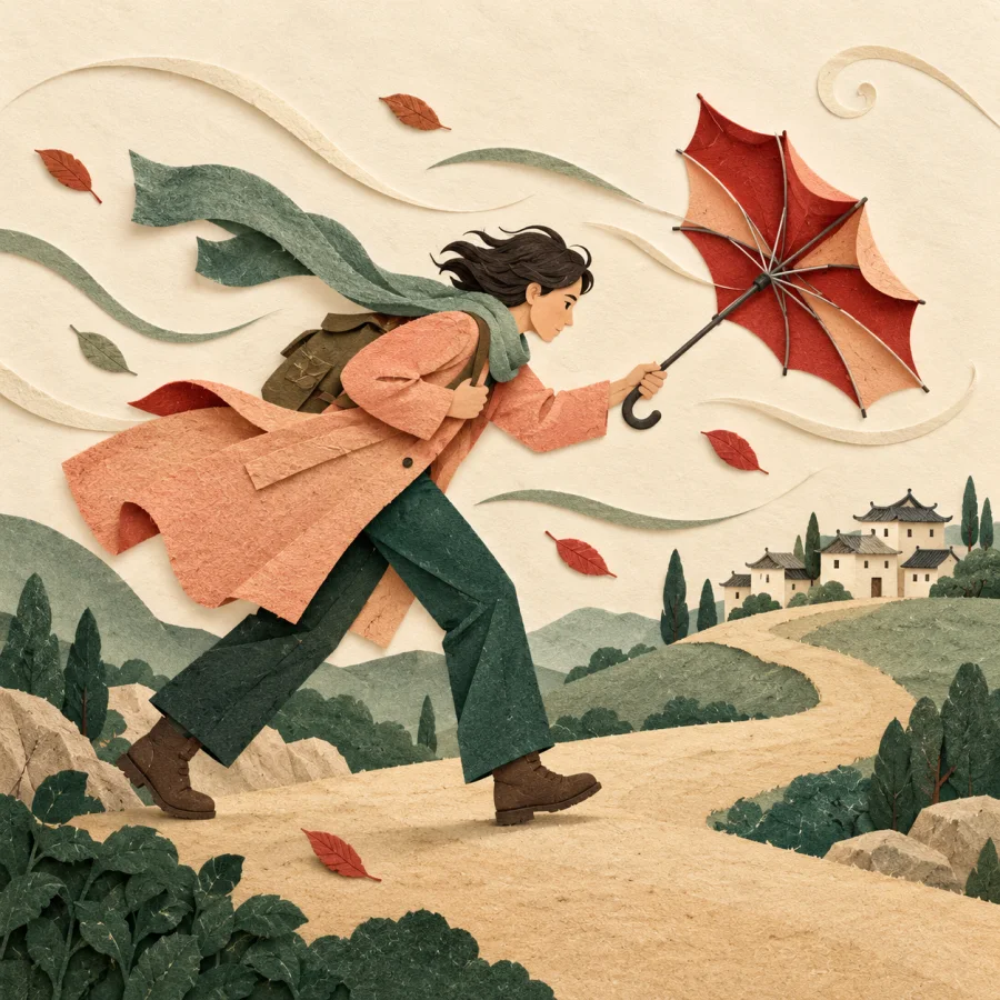 A person walking forward while leaning against strong wind