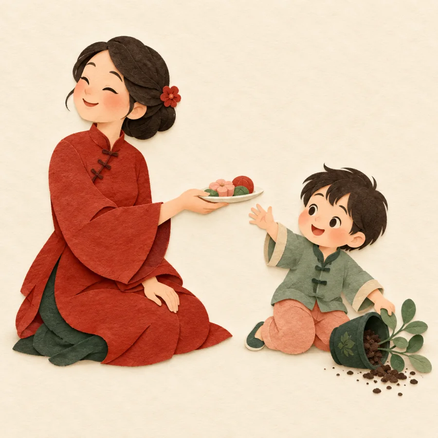 An adult hands sweets to a child tipping over a small pot