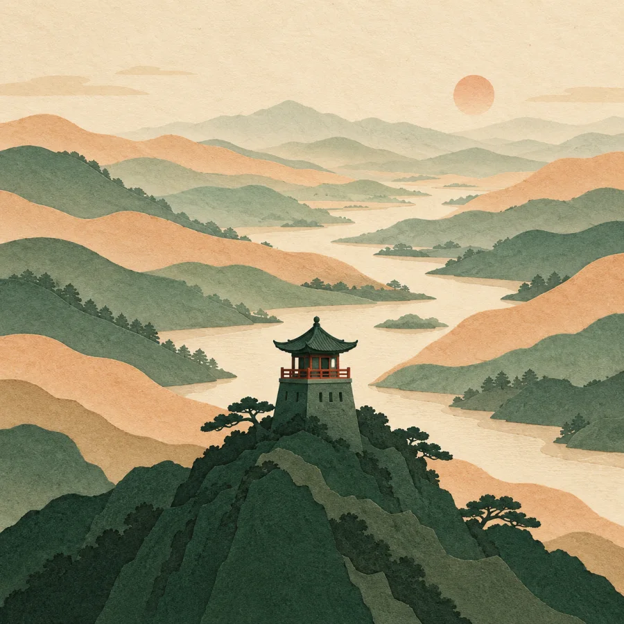 Layered hills receding far back with a small watchtower in front