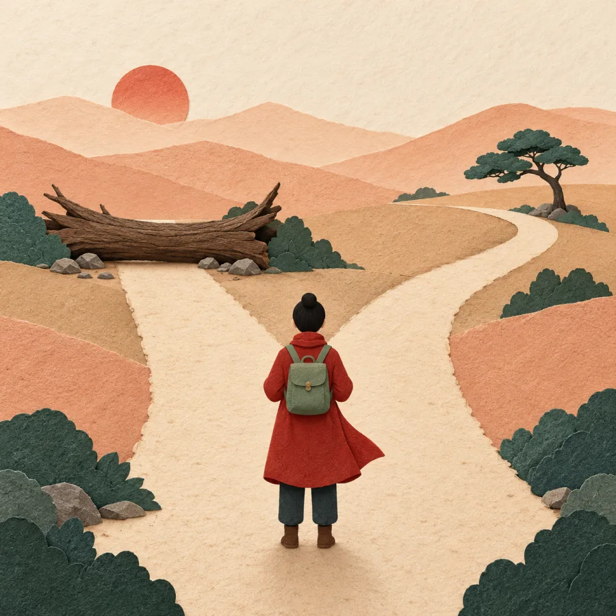 A traveler at a fork where the straight path is blocked by a log