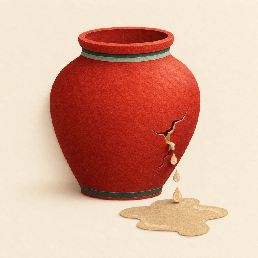 A cracked jar leaks droplets that form a spreading puddle