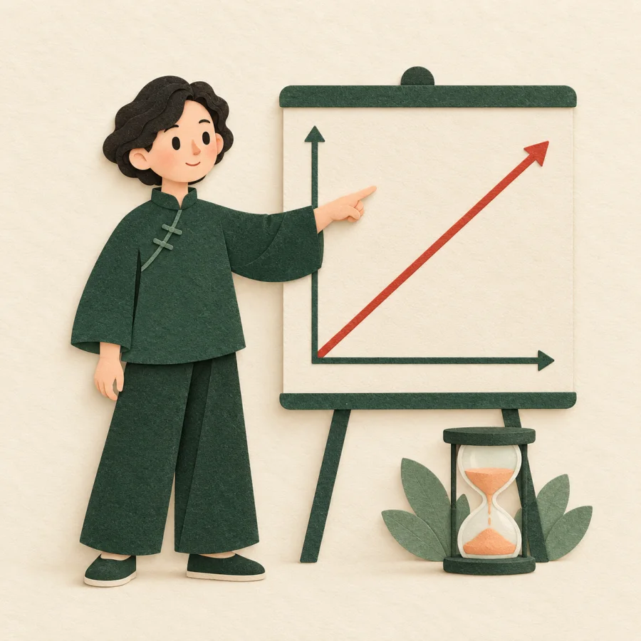 A person points at a rising line on a chart