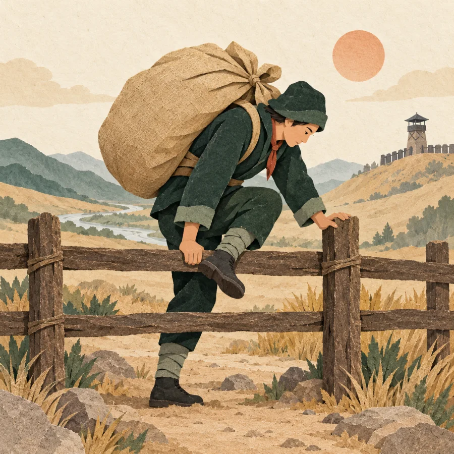 A person sneaks a heavy sack over a border fence