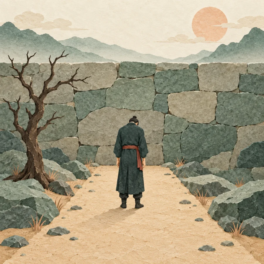 A person stands before a wall at the end of a narrow road