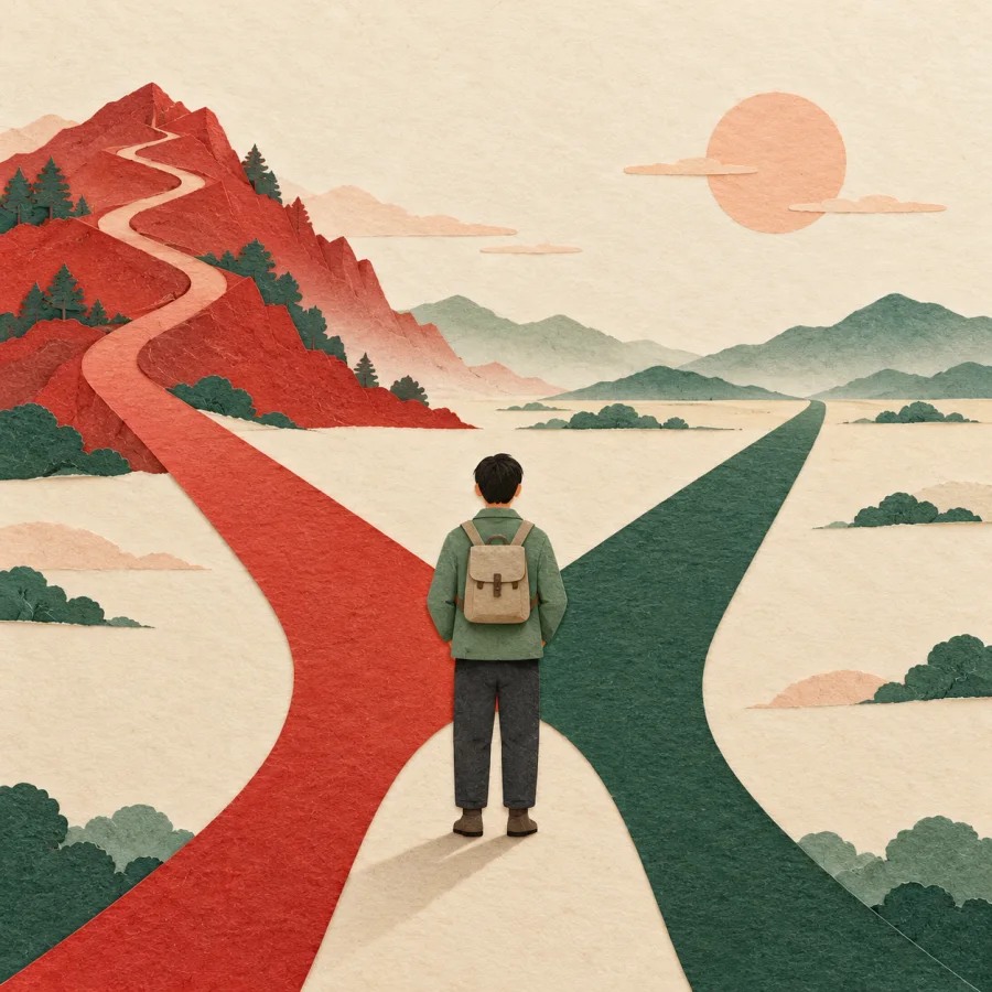 A traveler stands at a fork where two roads split across a plain