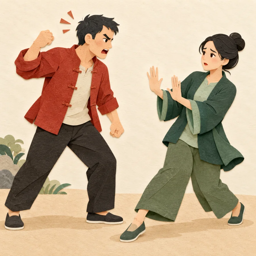 An angry man clenches a fist as another raises his hands