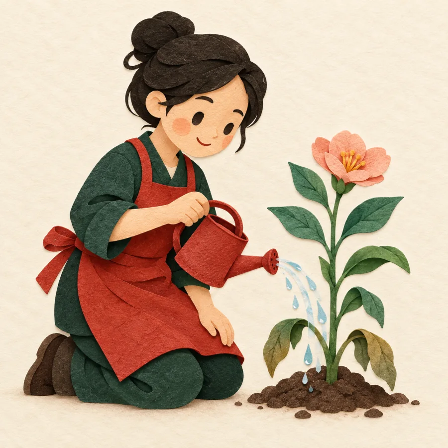 A gardener waters a plant that has turned green and upright again