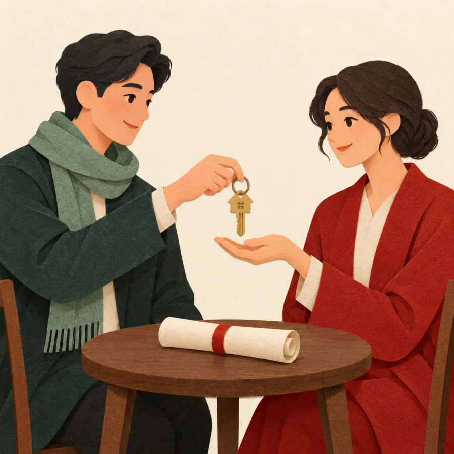 One person hands a house key to another beside a rolled contract.