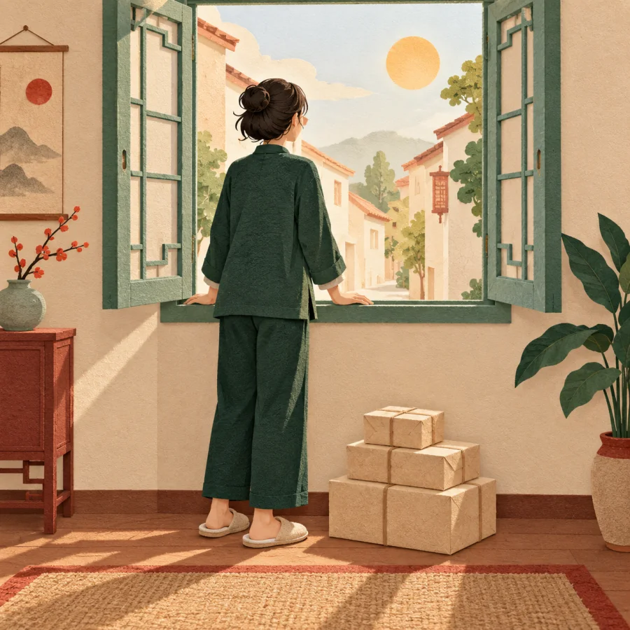 A person stands at a window with parcels stacked at their feet.