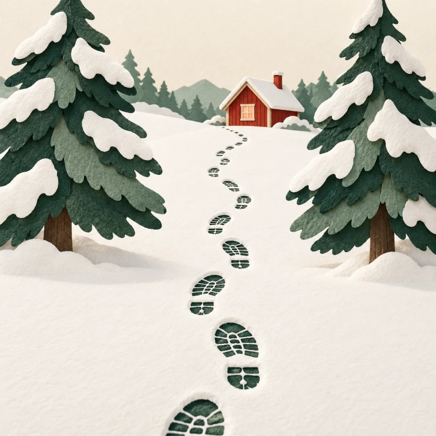 Footprints cross snowy ground toward a cabin between two pines.
