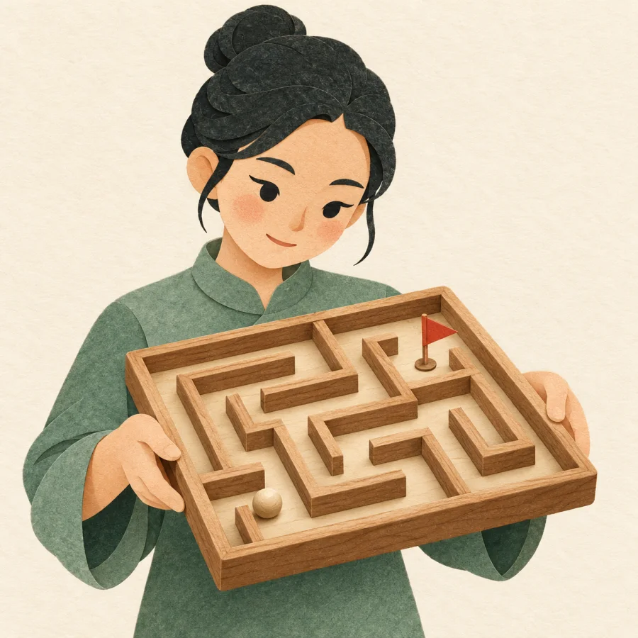 A person skillfully guides a small ball through a tabletop maze.
