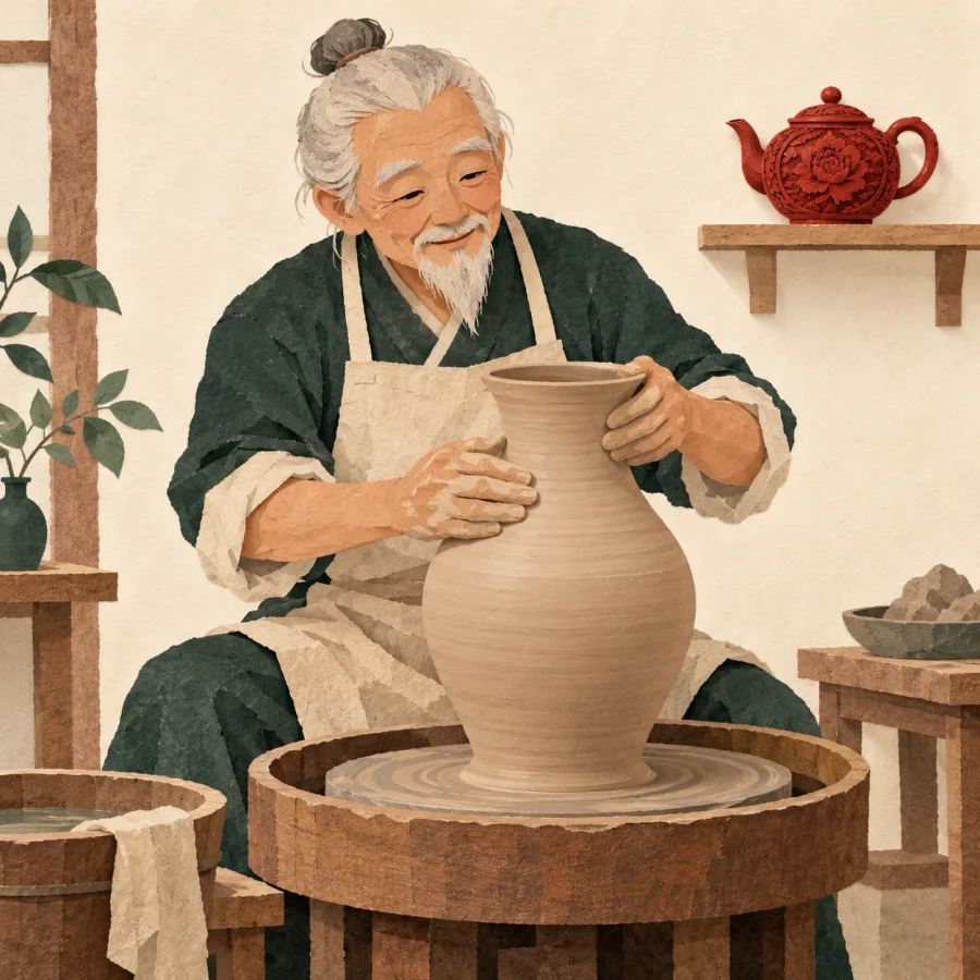 A potter shapes a vase on a wheel in an old workshop