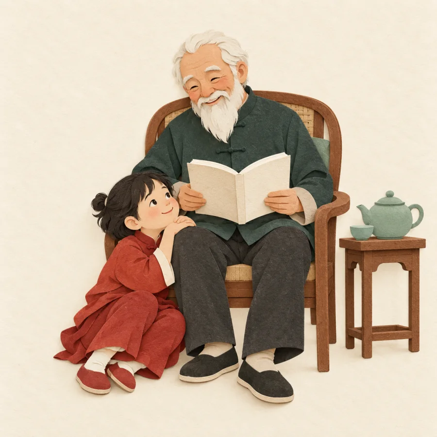 An elderly bearded man reads a book as a child listens