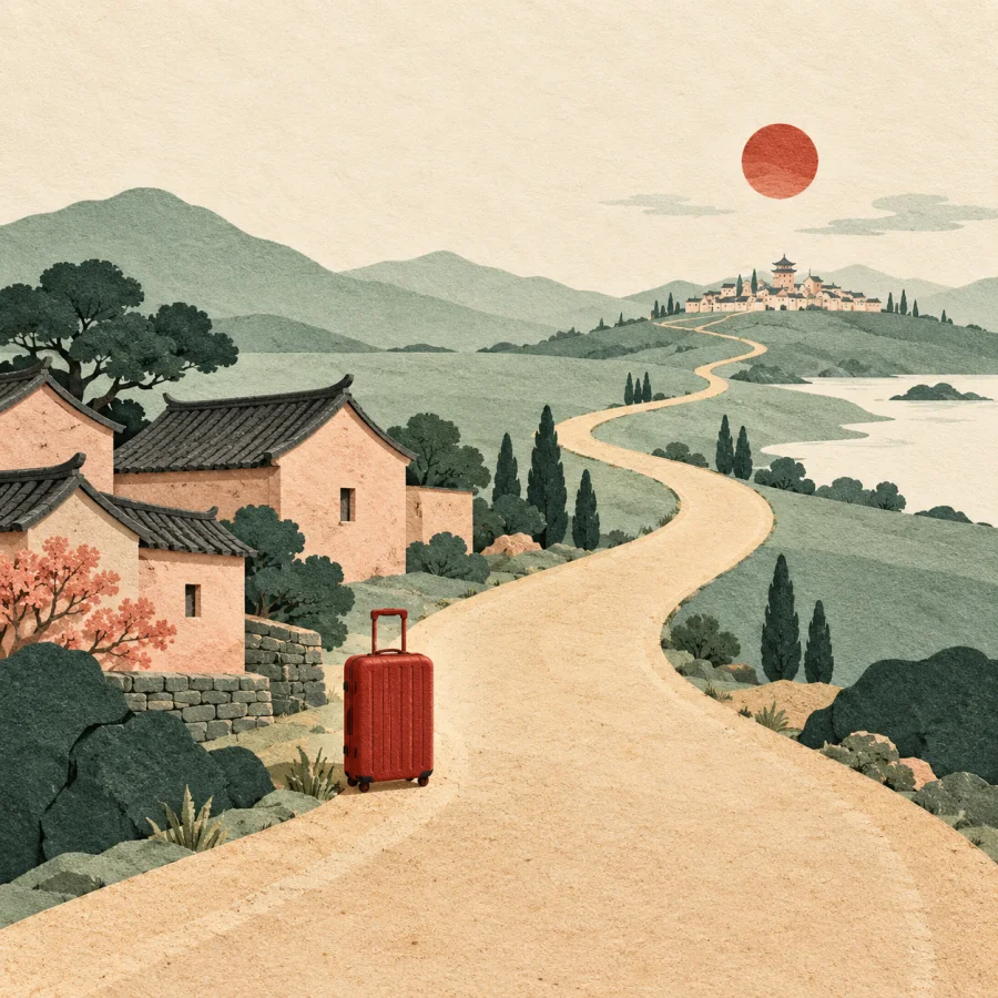 A sandy road leads from old village houses to a distant town