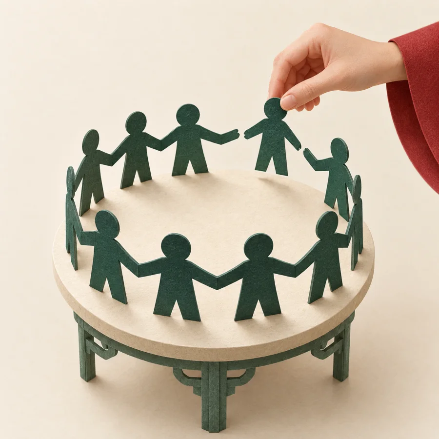 A person places the last figure into a circle around a table