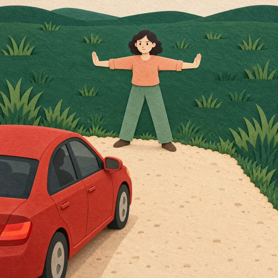 A person with outstretched arms blocks a car on the road