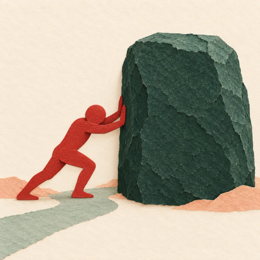 A person pushes with effort against a huge stone block blocking the road