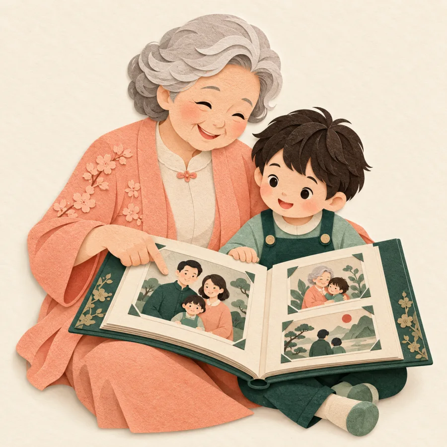 A grandmother shows an album to a seated grandchild