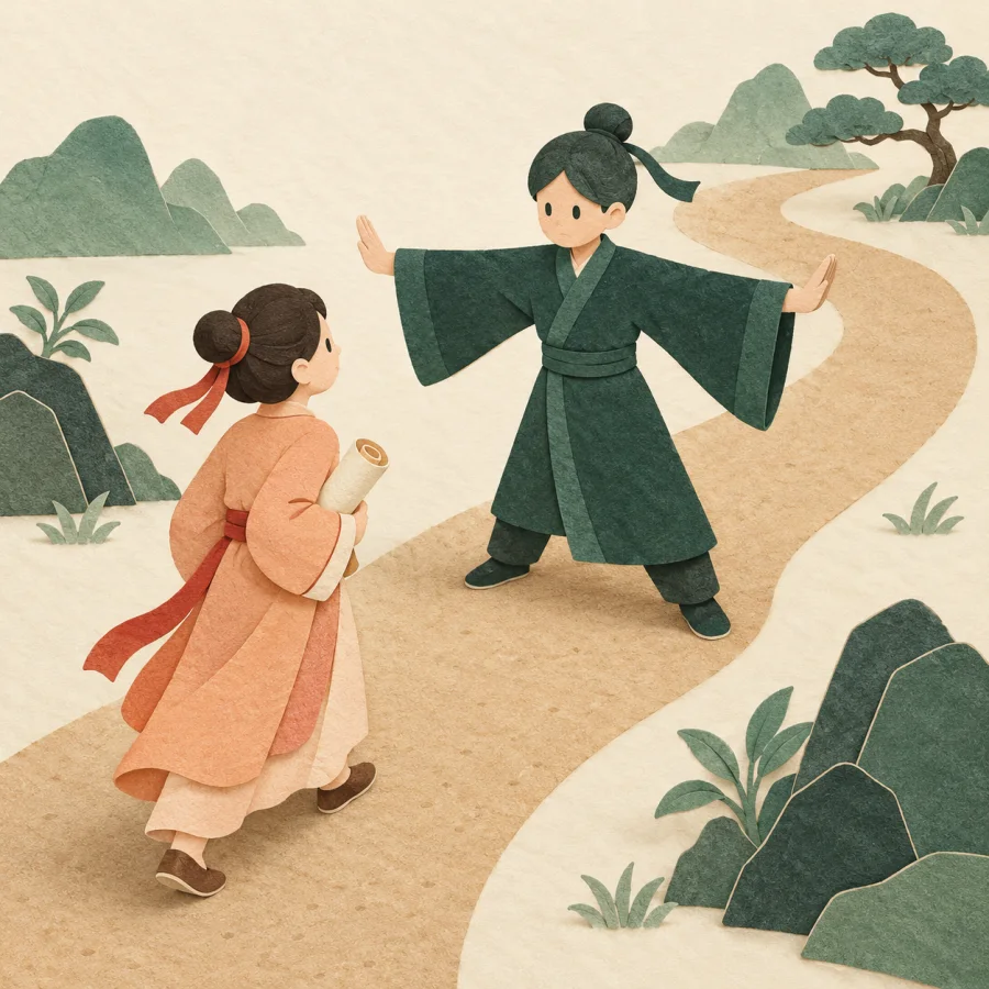 A person spreads arms across a path, blocking another walker