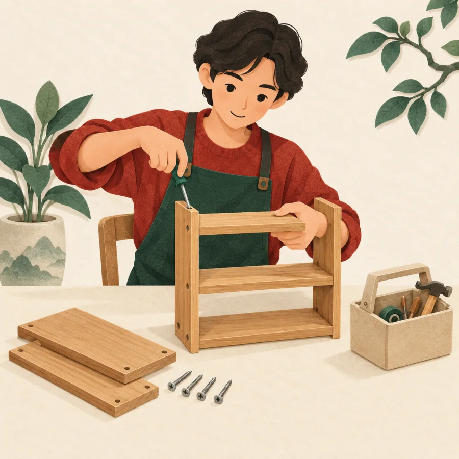 A person at a table assembles a bookshelf from laid-out parts