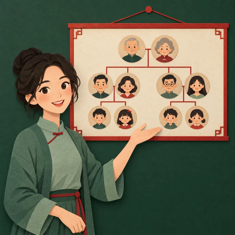 A woman studies an old family tree chart